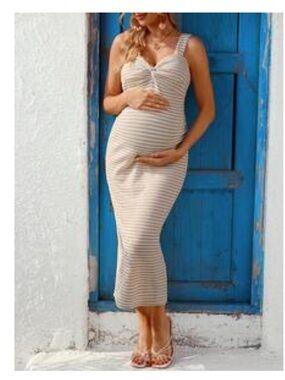 Beige and White Striped Maternity Maxi Dress